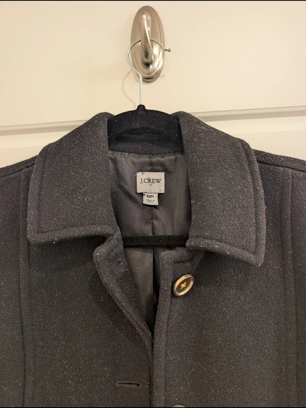 Classic J. Crew Black Wool Coat with Gold Buttons Size 6 Petite